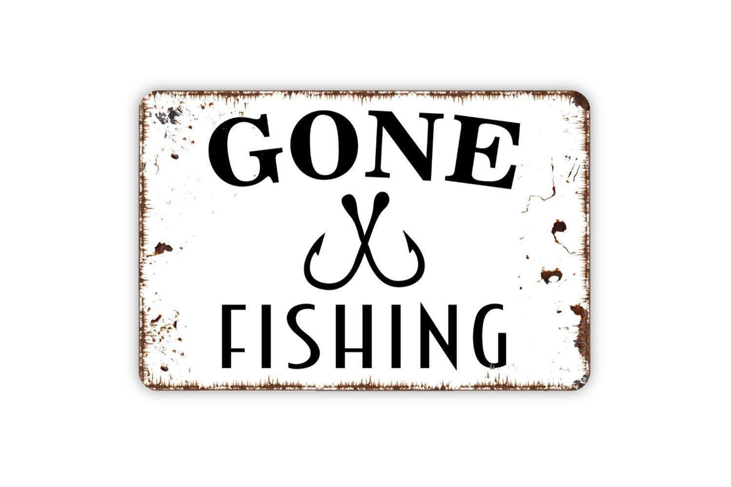 Gone Fishing With Fish Bait Hooks Funny Metal Sign, Farmhouse Wall Decor Modern Wall Metal Sign