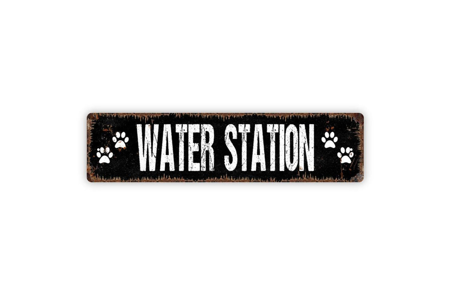 Water Station Sign with Paw Prints | Pet Hydration Station Dog Bowl Area Sign | Metal Outdoor Sign or Vinyl Sticker for Dogs