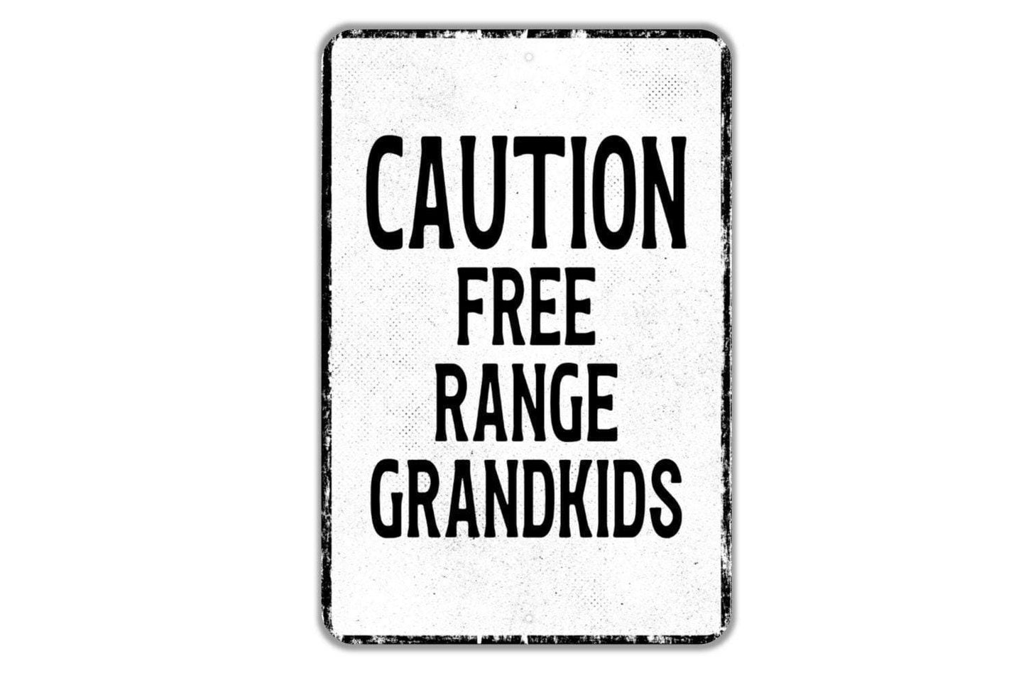Caution Free Range Grandkids Sign Metal Wall Art or Vinyl Sticker for Yard, Garden, Porch, Grandparent Gift, Outdoor Family, Funny Sign