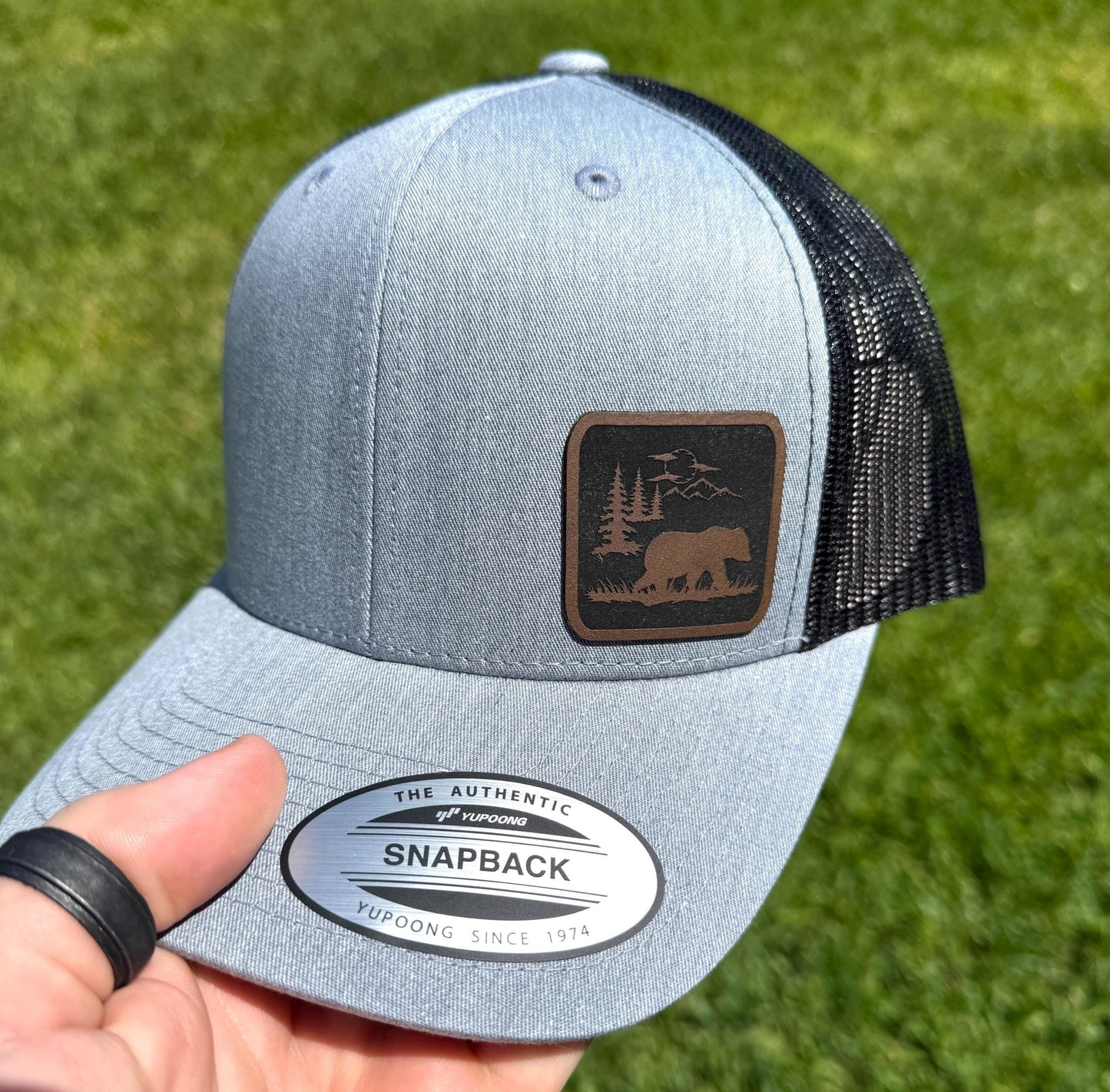 Bear Hat with Forest Design – Trucker or Snapback Cap for Outdoor Lovers – Wildlife and Nature Hat for Hikers, Campers, Adventure Seekers