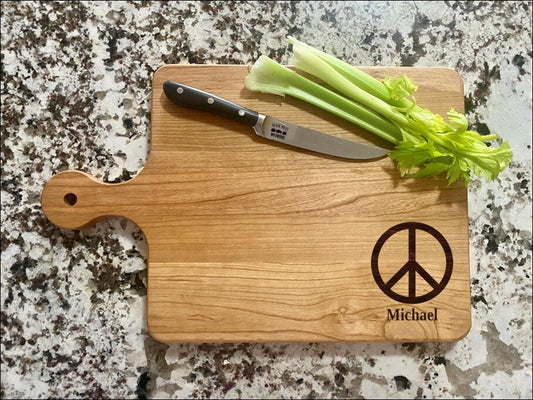 Peace Symbol Engraved Cutting Board – Boho Kitchen Decor, Hippie Hostess Gift, Charcuterie Board with Peace Sign Engraving