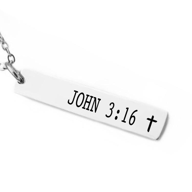 Bible Verse Bar Necklace or Keychain – John 3:16 or Custom Scripture with Cross – Faith Gift for Her or Him – Christian Jewelry