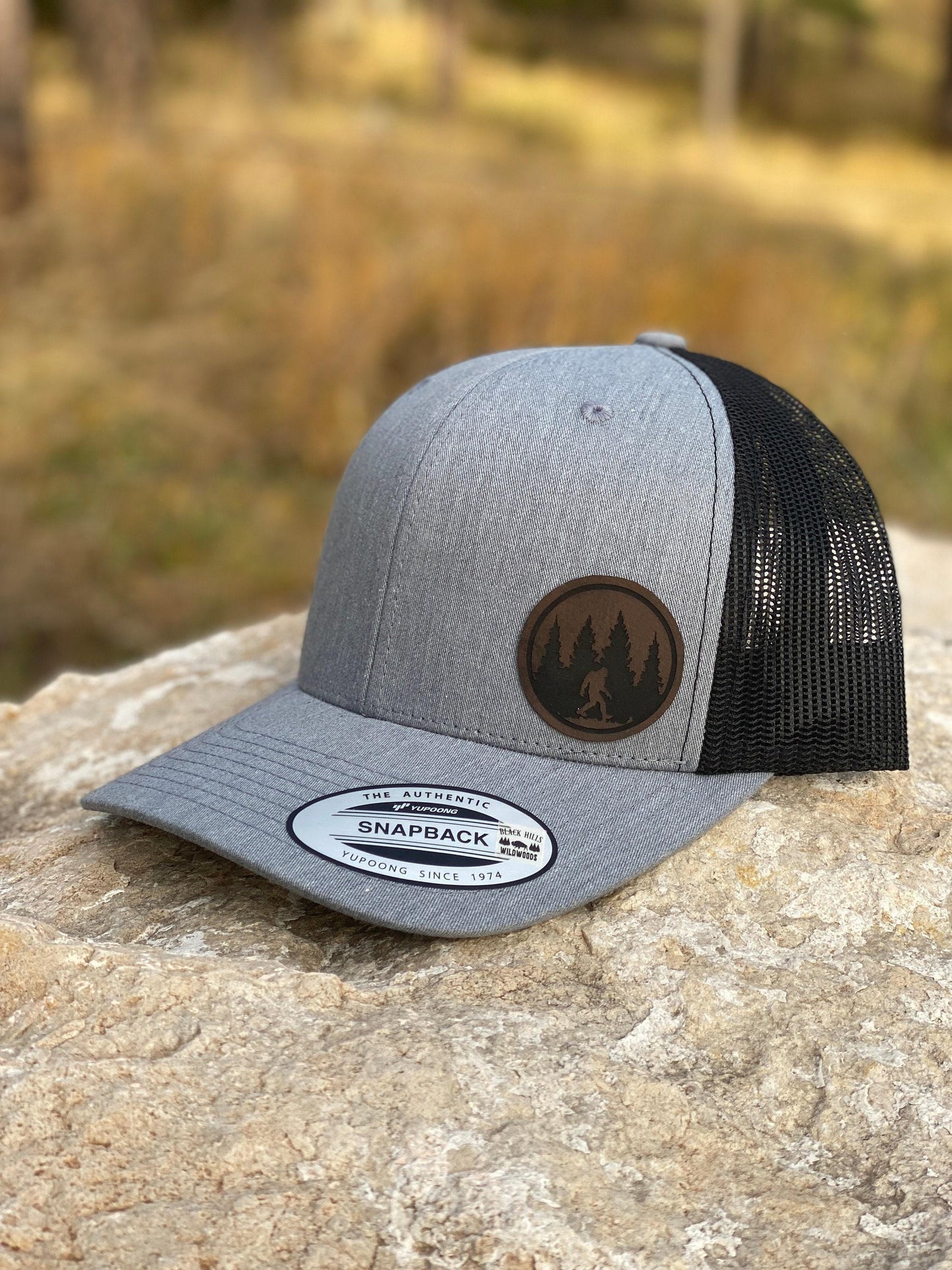 Sasquatch Hat – Snapback Trucker Cap – Bigfoot Forest Design –  Engraved Patch – Outdoor Adventure Gift - Gift for Him