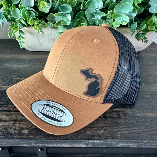 Michigan State Outline Hat  – Snapback Trucker Cap, Engraved Patch State Outline, Great Lakes Gift, Midwest Pride, Upper & Lower Peninsula