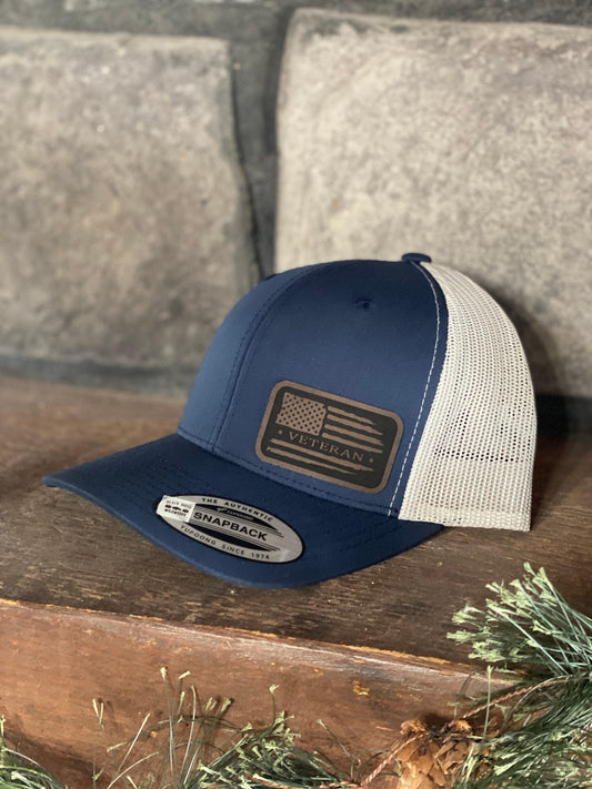 Veteran  Hat – Snapback Trucker Cap – Distressed American Flag Design – Military Appreciation Hat – Adjustable Mesh Cap