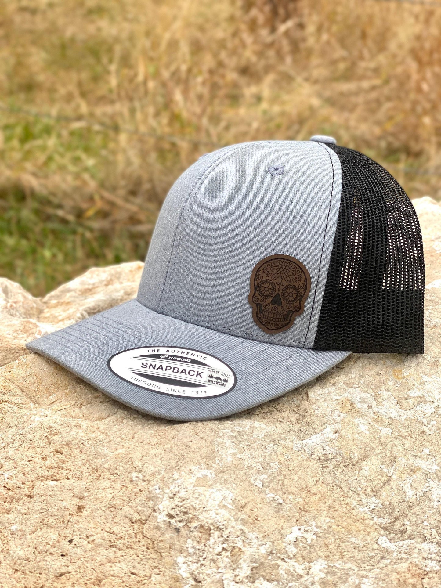Sugar Skull Hat – Snapback Trucker Hat with Leatherette Patch – Día de los Muertos Cap – Day of the Dead Hat – Calavera Hat – Gift for Him