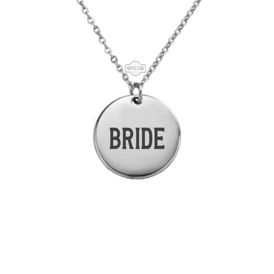 Bride Necklace - Wedding Party Gold or Silver Minimalist Dainty Engraved Custom Pendant Charm Jewelry - Personalized Gift for Her