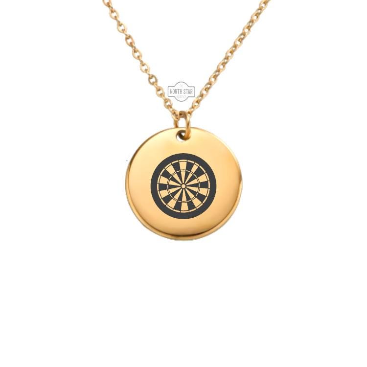 Dart Board Necklace - Target Darts Billiard Gold or Silver Minimalist Dainty Engraved Custom Pendant Charm Jewelry