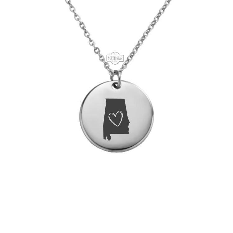 Alabama Necklace - Or Any State Outline With Heart Gold or Silver Minimalist Dainty Engraved Custom Pendant Charm Jewelry