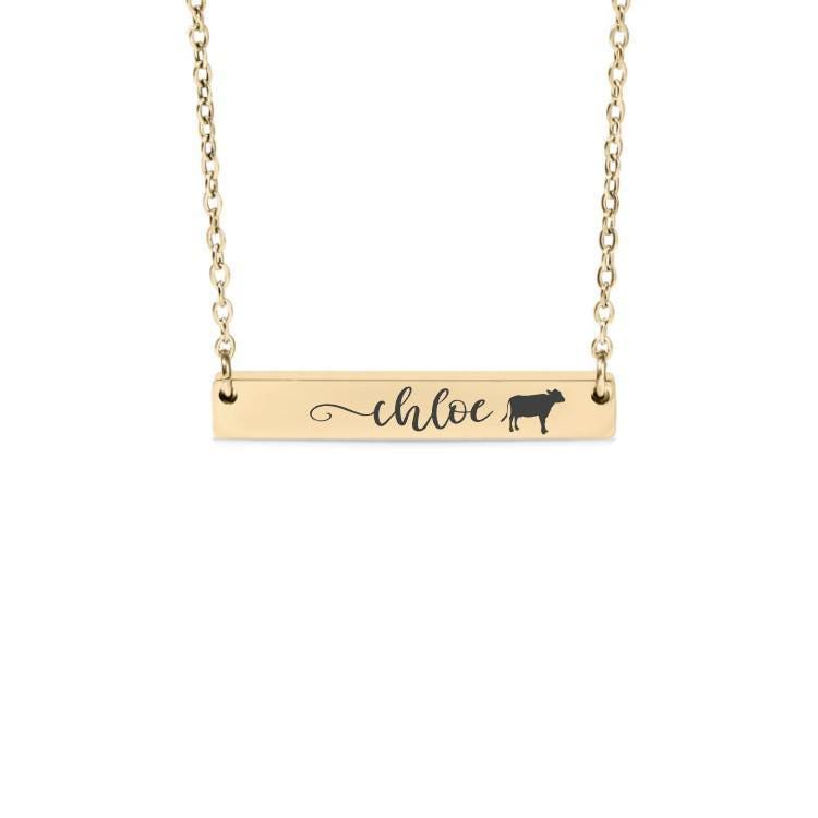 Personalized Cow Bar Necklace or Keychain – Engraved Farm Life Jewelry – Custom Name Gift for Cow Lover or Country Girl