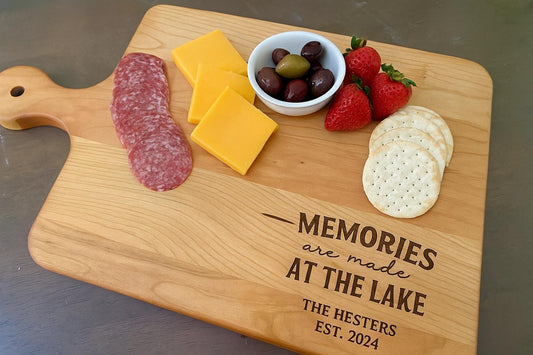 Memories Are Made At The Lake Engraved Cutting Board – Rustic Kitchen Decor, Lake House Gift, Personalized Charcuterie Board