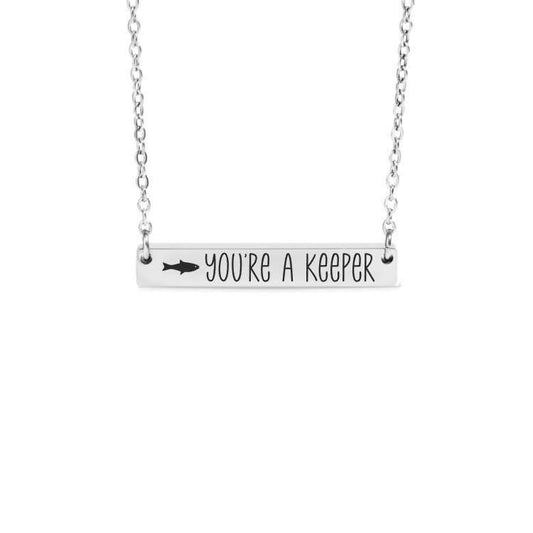 You're a Keeper Bar Necklace or Keychain – Funny Fishing Gift – Engraved Charm with Fish Design – Gift for Him or Her
