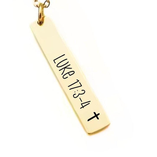 Bible Verse Bar Necklace or Keychain with Cross – Luke 17:3–4 or Custom Scripture – Christian Gift – Engraved Faith Jewelry