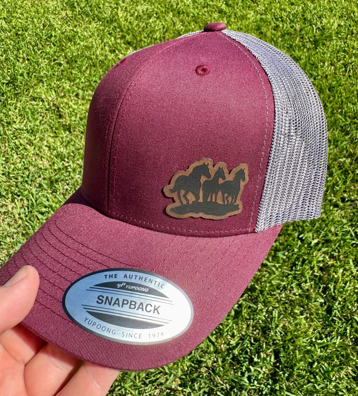 Running Horses Hat Snapback Trucker – Engraved Patch Cap for Horse Lovers, Equestrian Style, Western Ranch Life Gift