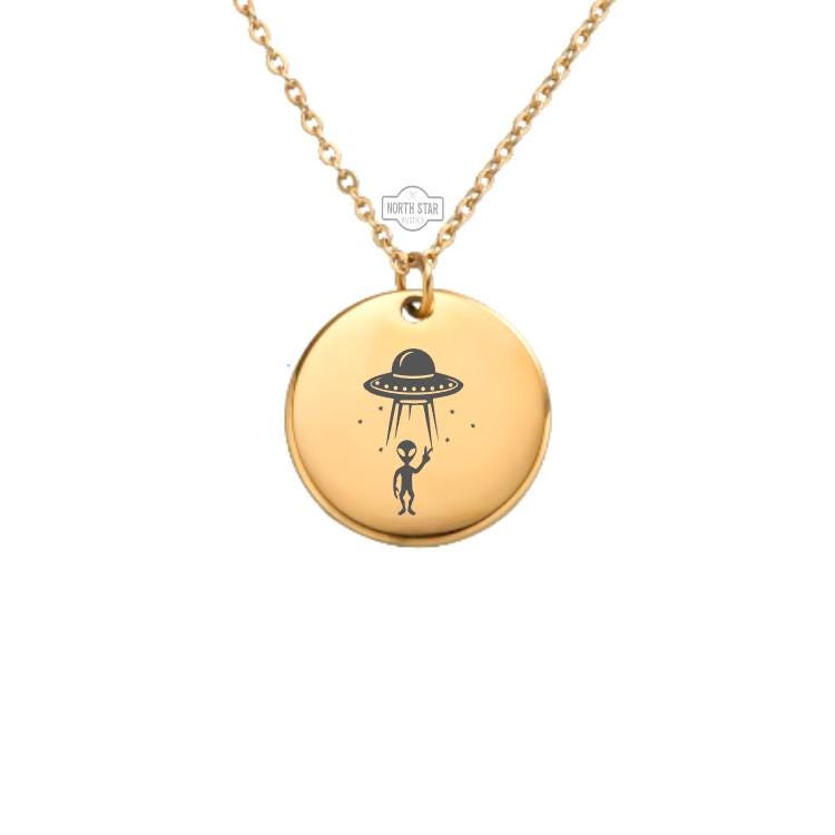 Alien UFO Necklace - Gold or Silver Minimalist Dainty Engraved Custom Pendant Charm Jewelry - Personalized Gift For Her