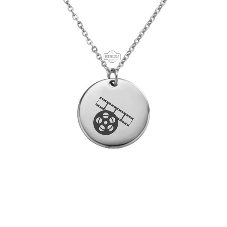 Movie Film Reel Necklace – Gold or Silver Charm – Personalized Gift for Filmmaker, Movie Lover or Director – Keychain Available