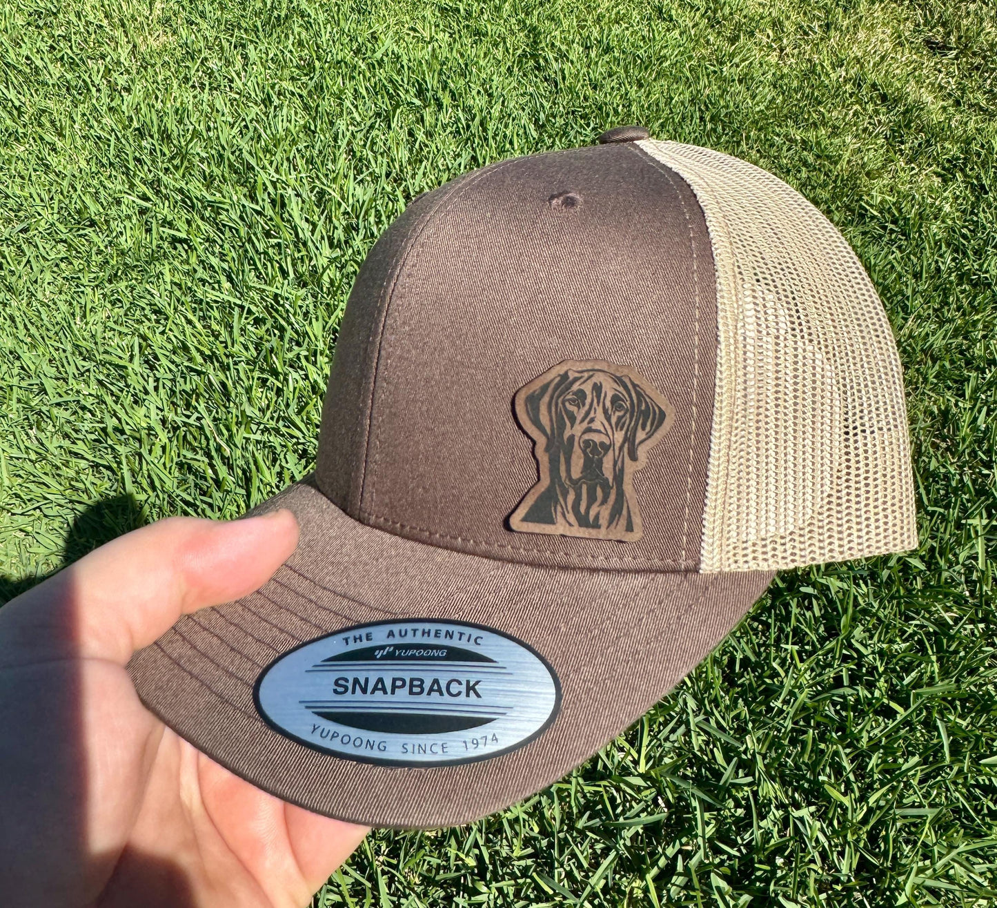 Great Dane Hat – Snapback Trucker Hat with Engraved Patch, Dog Lover Gift, Gentle Giant Dog Cap, Rustic Mesh Hat for Dane Owners