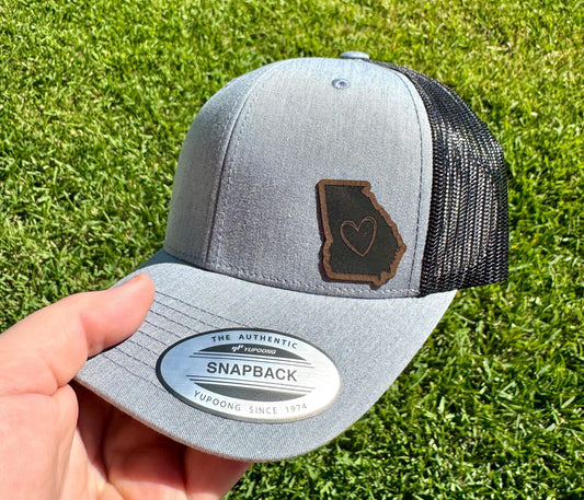 Georgia State Outline Hat with Heart – Snapback Trucker Hat, GA Pride Cap, Engraved Patch, Southern Gift, Home State Love Hat