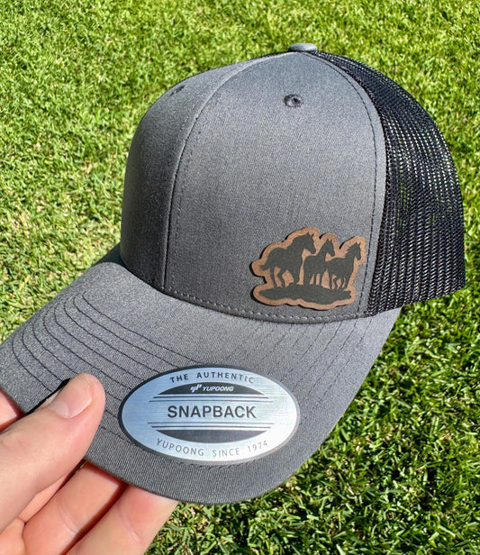 Running Horses Hat Snapback Trucker – Engraved Patch Cap for Horse Lovers, Equestrian Style, Western Ranch Life Gift