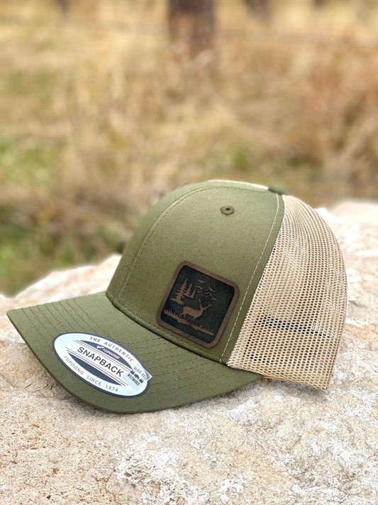 Buck Forest Scene Hat – Trucker or Snapback Cap with Deer and Trees Design – Hunting Hat for Outdoorsmen, Nature Lovers, Cabin Life Style