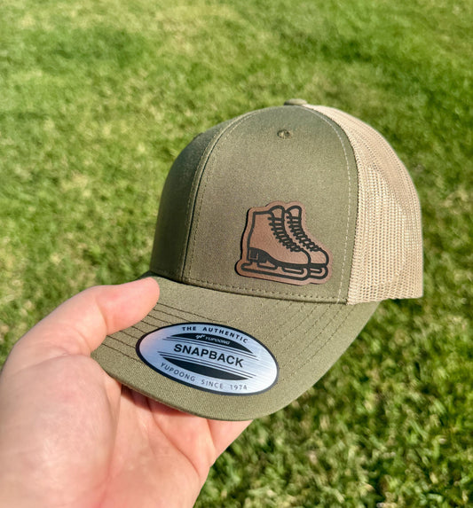 Ice Skates Hat Snapback Trucker – Engraved Patch Cap for Skaters, Winter Sports Fans, Figure Skating or Rink Style Gift