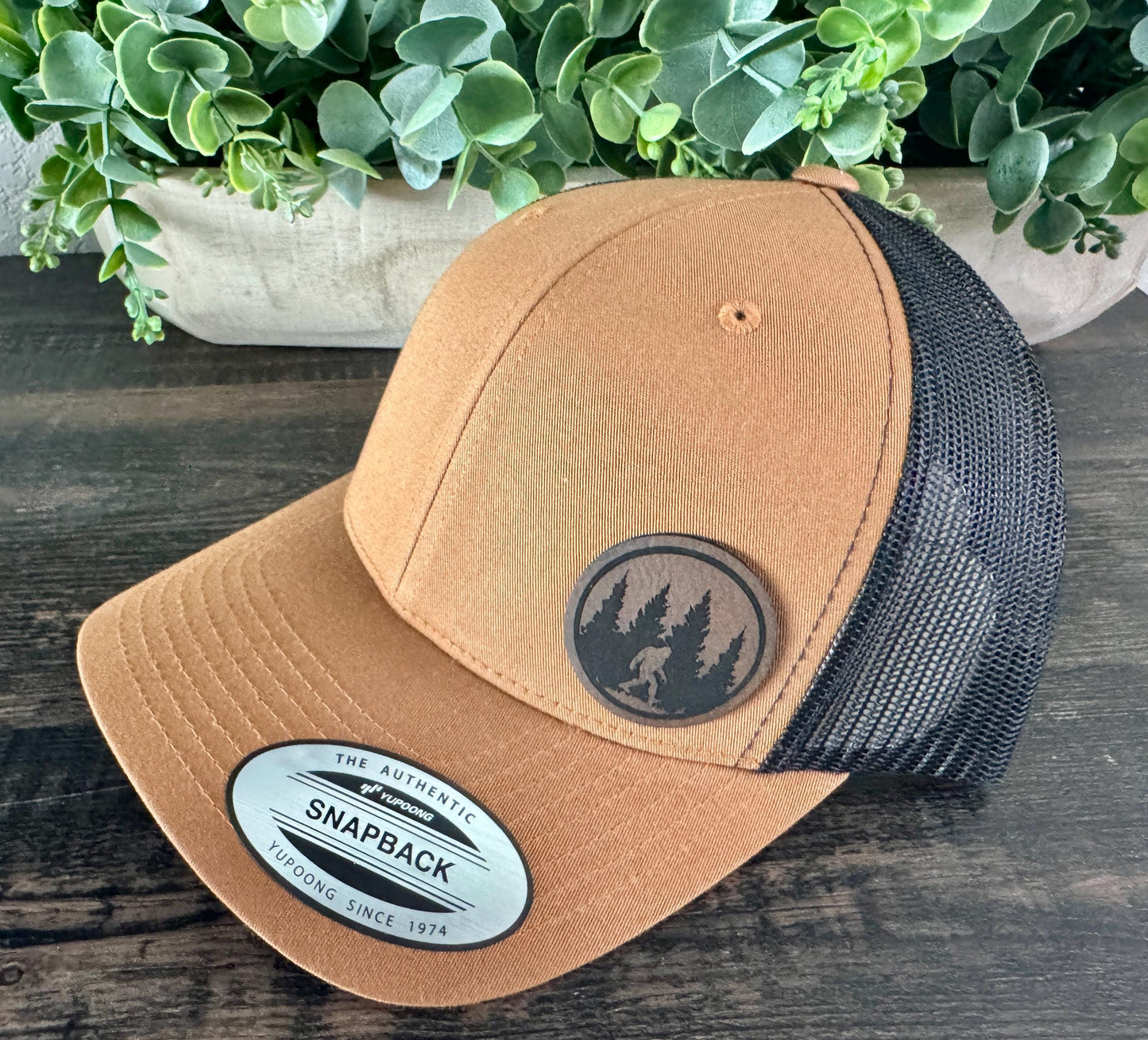 Sasquatch Hat – Snapback Trucker Cap – Bigfoot Forest Design –  Engraved Patch – Outdoor Adventure Gift - Gift for Him