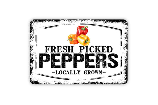 Fresh Picked Peppers Locally Grown Sign - Farm Fresh Vegetables Farmers Market Metal Sign Wall Art Indoor Or Outdoor