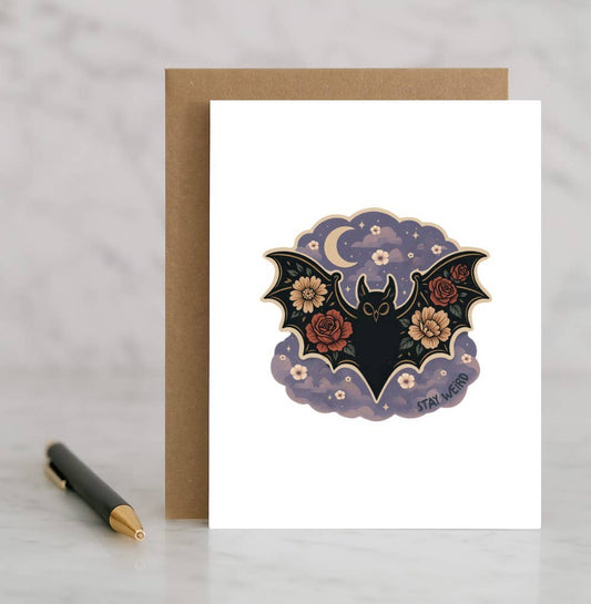 Stay Weird Card – Cute Bat Greeting Card – Funny Spooky Seas