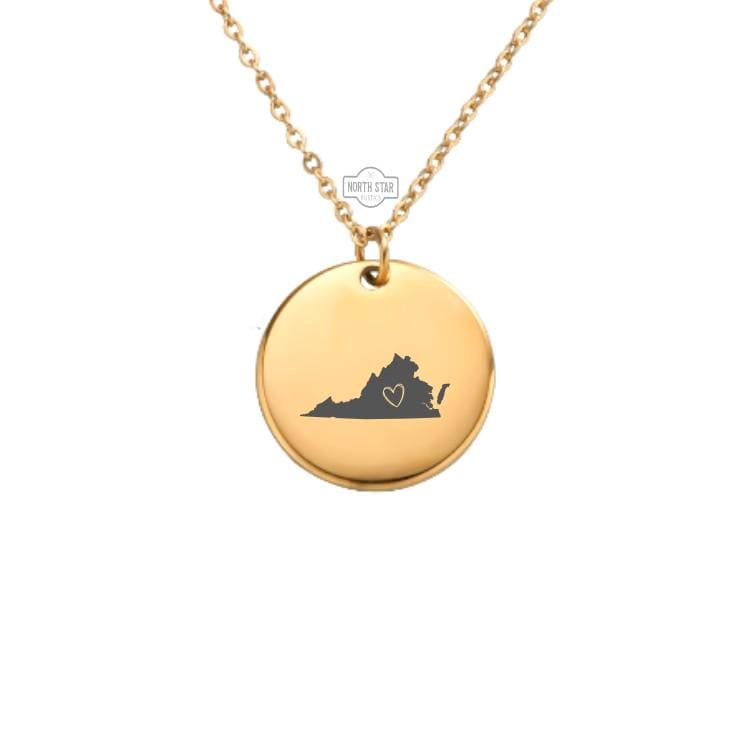 Virginia Necklace - Or Any State Outline With Heart Gold or Silver Minimalist Dainty Engraved Custom Pendant Charm Jewelry