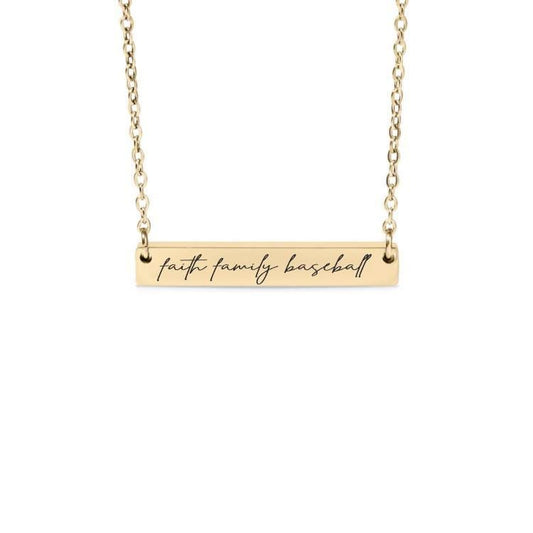Faith Family Baseball Bar Necklace or Keychain – Sports Mom or Player Gift – Engraved Christian Baseball Jewelry