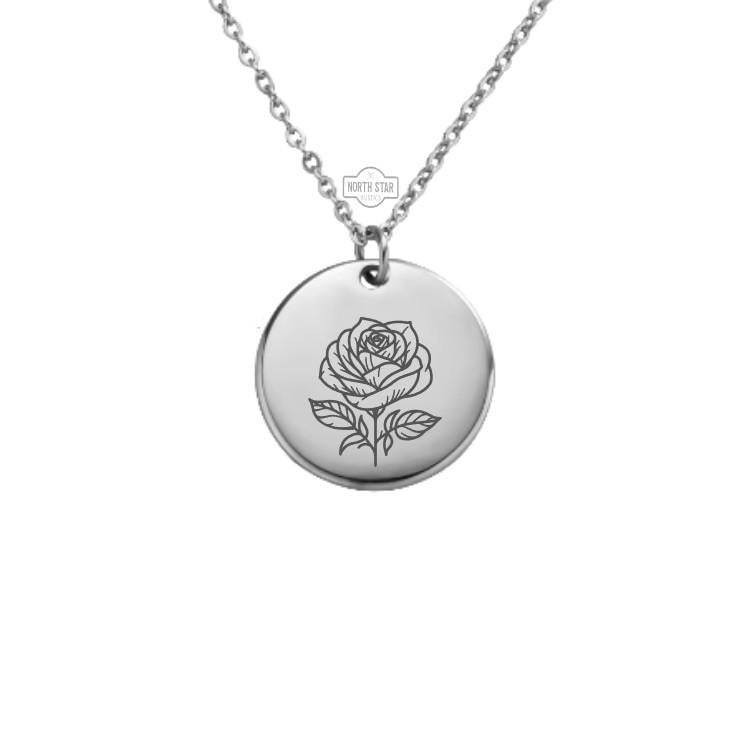 Rose June Birth Month Necklace - Roses Flower Birthday Gold or Silver Minimalist Dainty Engraved Custom Pendant Charm Jewelry