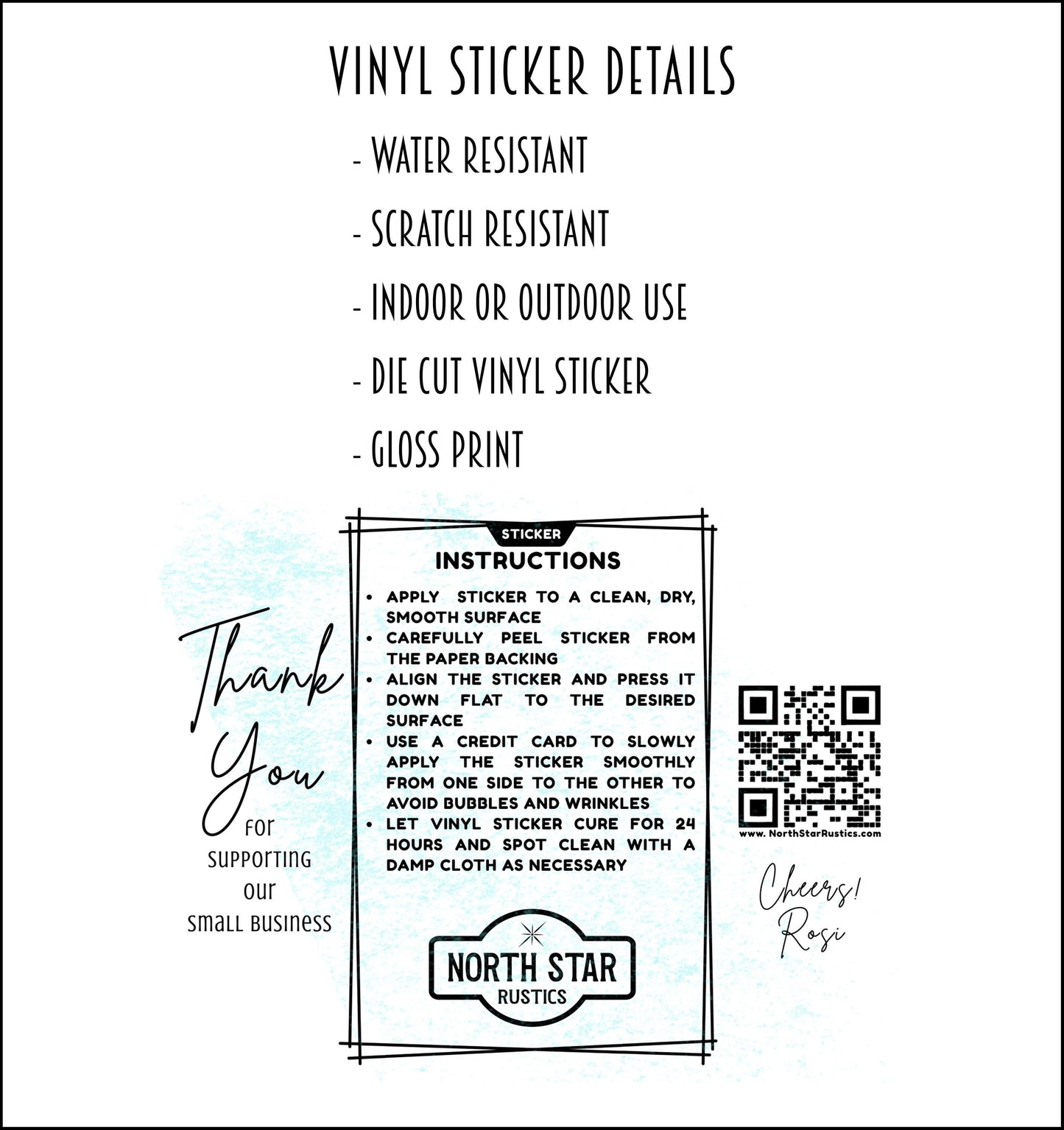 a detailed description of a vinyl sticker, including its features and instructions for use. The text is organized into sections, providing information about the sticker&#39;s water resistance, scratch resistance, indoor and outdoor use, and the option to print it. The sticker also includes a QR code and a QR code for additional information. The image is a collage of several smaller images, and the text is concise and avoids redundancy.