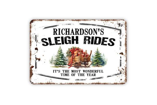 Personalized Sleigh Rides Sign - Custom Christmas Family Name Metal Wall Art Indoor Or Outdoor