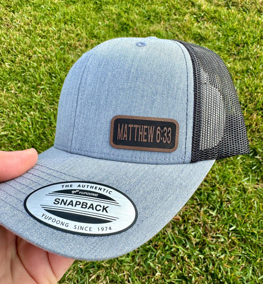 Matthew 6:33 Hat Snapback Trucker – Engraved Patch Christian Cap, “Seek First the Kingdom” Bible Verse Hat, Faith Gift