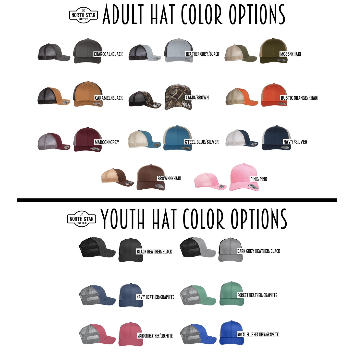 a variety of adult and youth hats in different colors, including black, gray, brown, orange, and pink.