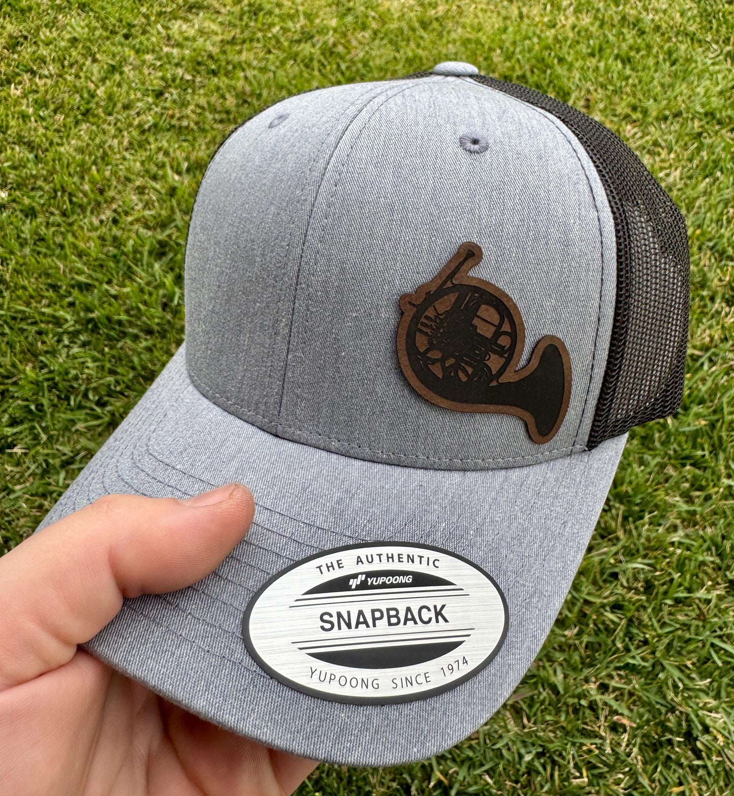 French Horn Hat – Snapback Trucker Hat with Engraved Musical Instrument Patch, Brass Band Gift, Musician Cap, Orchestra Style