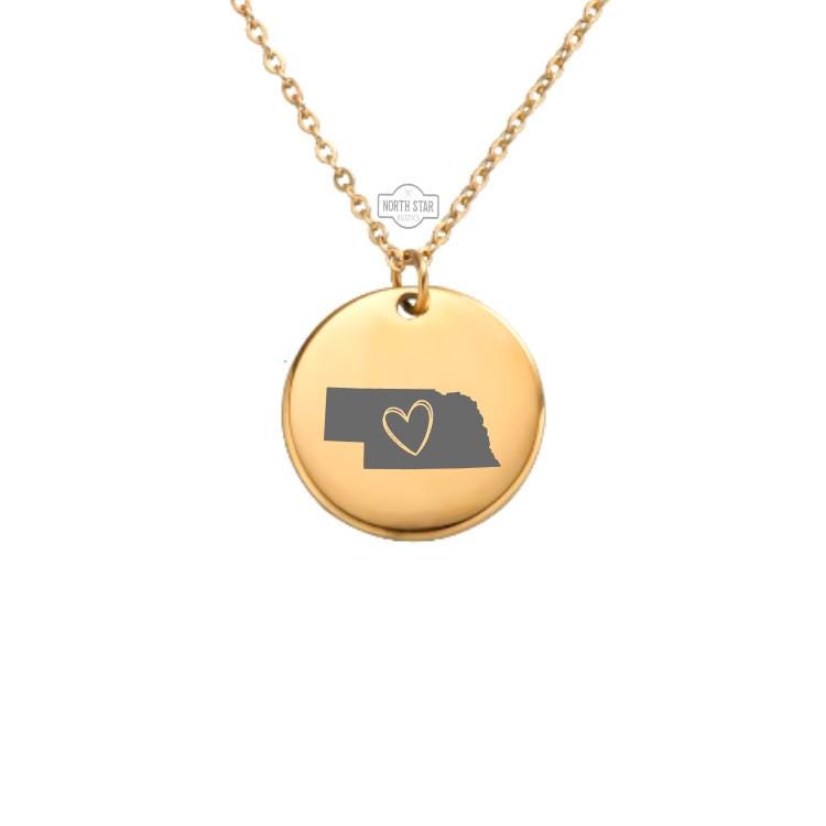 Nebraska Necklace - Or Any State Outline With Heart Gold or Silver Minimalist Dainty Engraved Custom Pendant Charm Jewelry