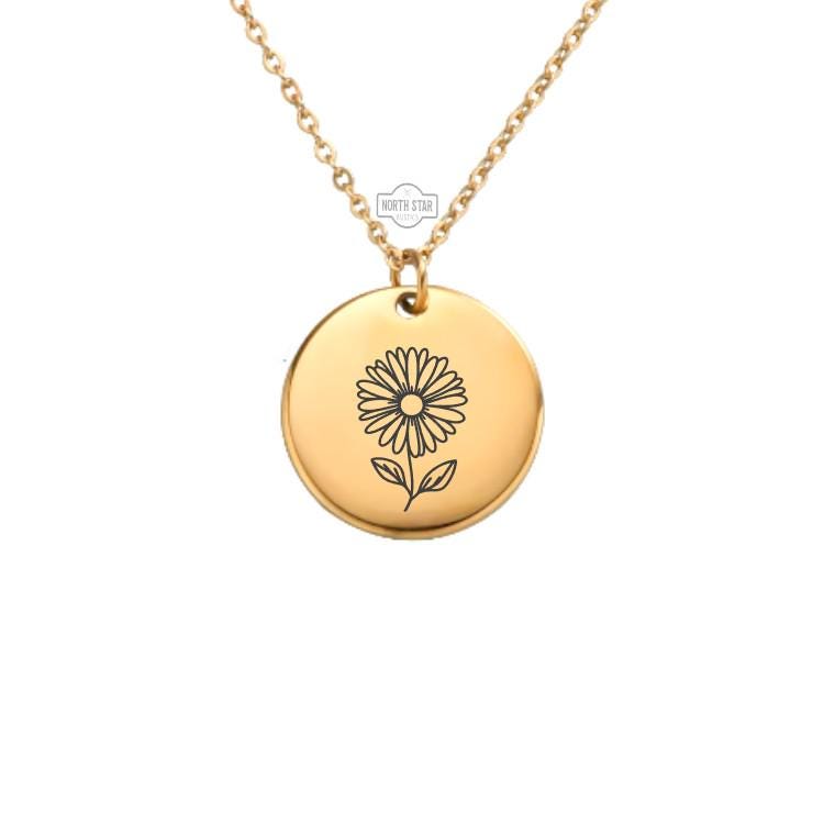 Daisy April Birth Month Necklace - Daisies Flower Birthday Gold or Silver Minimalist Dainty Engraved Custom Pendant Charm Jewelry