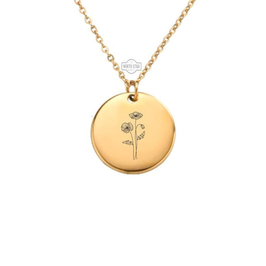 Poppy August Birth Month Necklace - Poppy Flower Birthday Gold or Silver Minimalist Dainty Engraved Custom Pendant Charm Jewelry