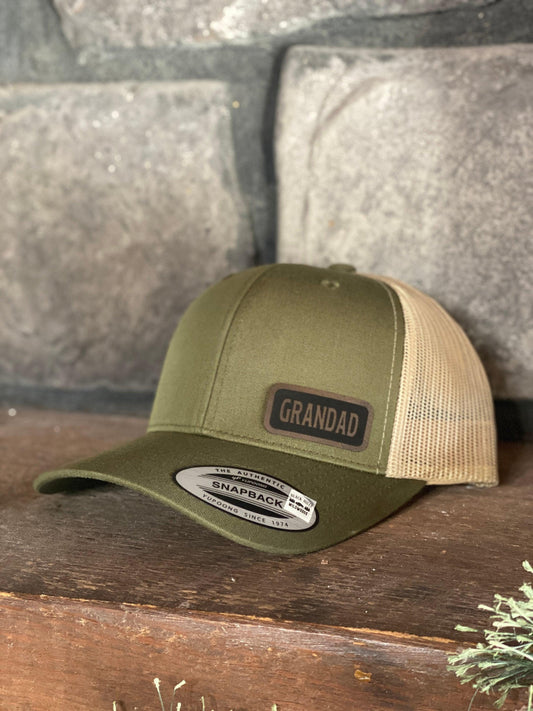 Grandad Hat – Snapback Trucker Hat with Engraved Patch, Gift for Grandfather, Rustic Mesh Cap, Cool Grandpa Trucker Hat