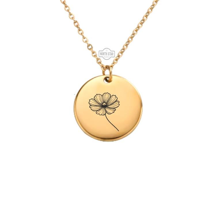 Cosmos October Birth Month Necklace - Cosmos Flower Birthday Gold or Silver Minimalist Dainty Engraved Custom Pendant Charm Jewelry