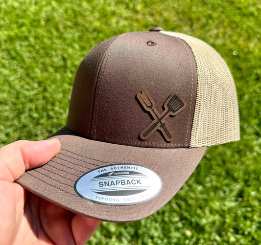 Grilling Tools Hat – Snapback Trucker Hat with Engraved Patch of BBQ Utensils, Grilling Dad Gift, Backyard Cookout Mesh Cap