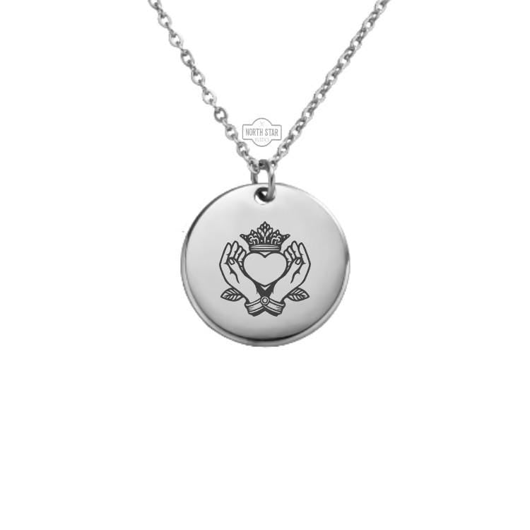 Claddagh Necklace - Irish Blessing Charm Gold or Silver Minimalist Dainty Engraved Custom Pendant Charm Jewelry