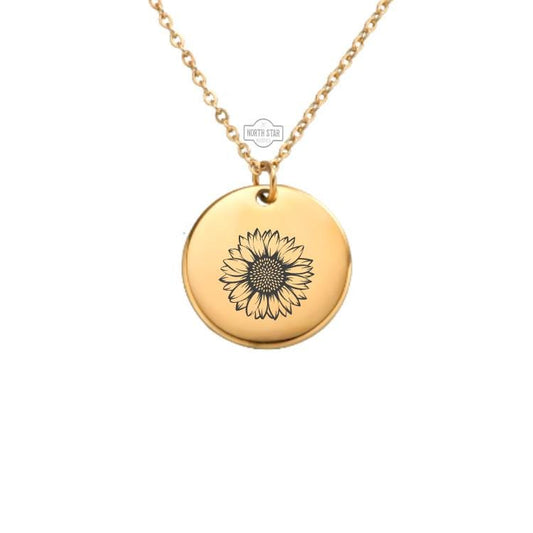 Sunflower Necklace - Sun Flowers Gold or Silver Minimalist Dainty Engraved Custom Pendant Charm Jewelry