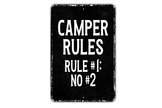 Camper Rules Rule 1 No Number 2 Sign – Funny RV Bathroom Metal Sign, Travel Trailer Decor, Camping Humor Gift for Campers