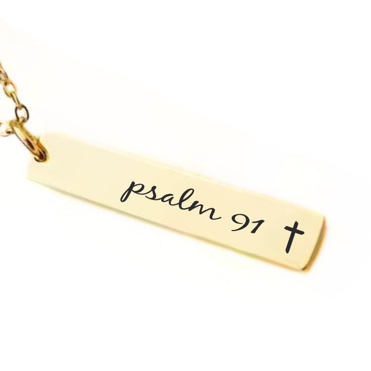 Bible Verse Bar Necklace or Keychain with Cross – Psalm 91 or Custom Scripture – Gold, Silver, or Stainless Steel Christian Gift