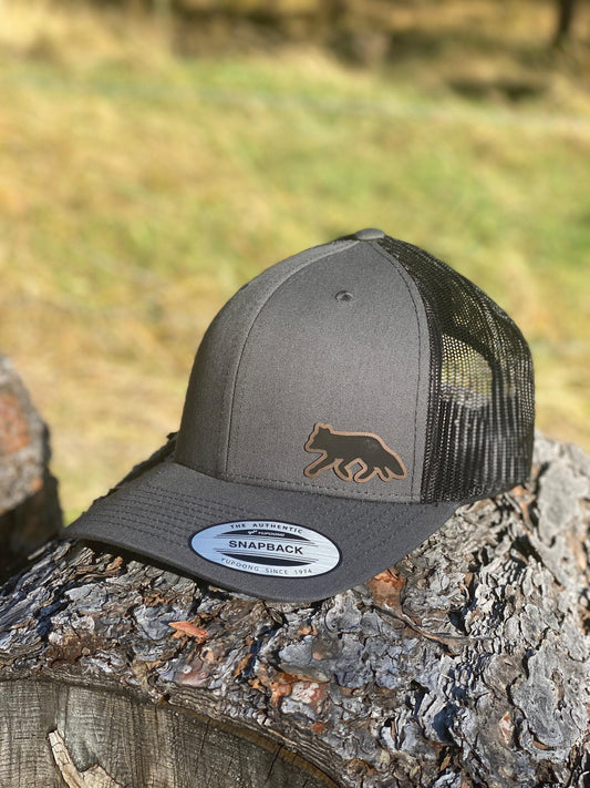 Fox Hat – Snapback Trucker Hat with Engraved Fox Silhouette Patch, Rustic Wildlife Cap, Nature Lover Gift, Woodland Animal Hat