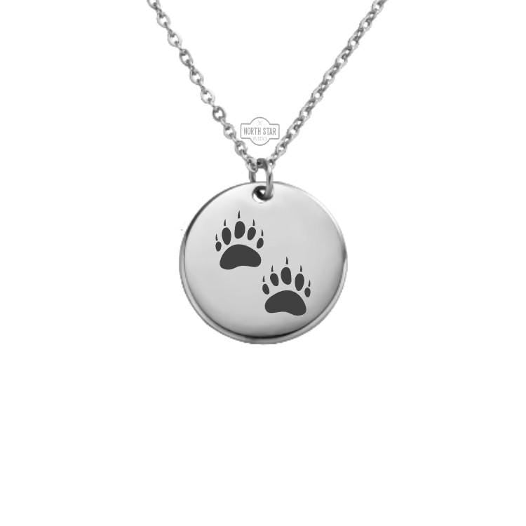 Bear Paw Tracks Necklace - Wildlife Gold or Silver Minimalist Dainty Engraved Custom Pendant Charm Jewelry - Personalized Gift For Her