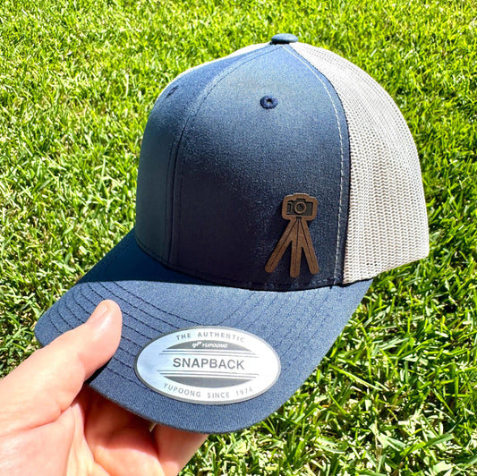 Camera and Tripod Trucker Hat – Snapback Cap for Photographers, Engraved Patch Hat, Outdoor Adventure Photo Gift