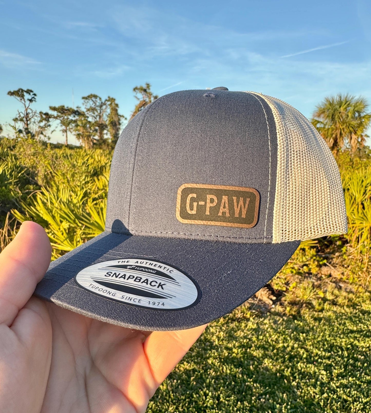 Gampy Hat – Snapback Trucker Hat with Engraved Patch, Gift for Grandpa, Fun Mesh Cap for Gampy, Cool Grandparent Trucker Hat